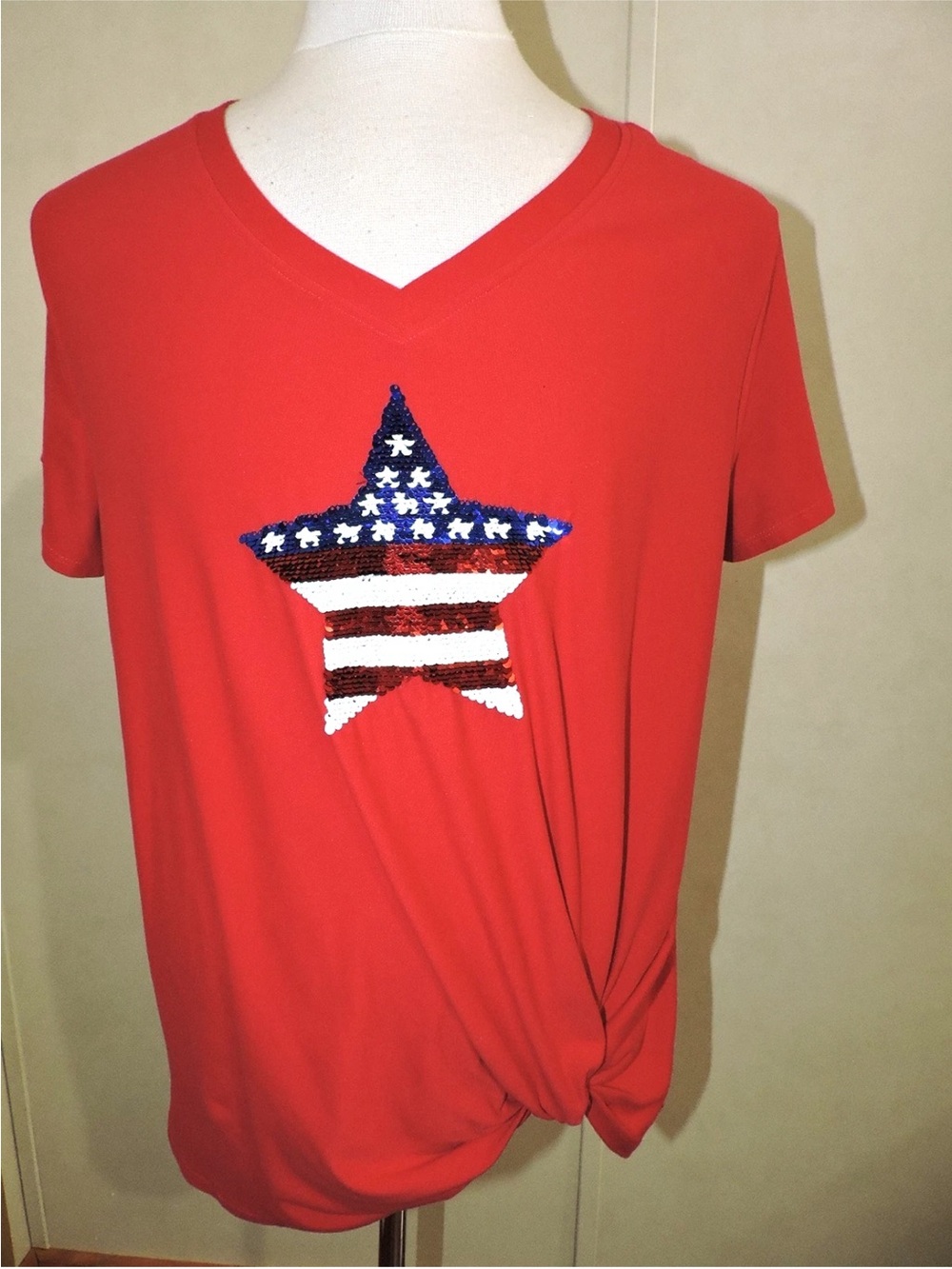 Liberty Park Sequin Star Print Patriotic Top Tie Front Short Sleeve V Neck Sz XL